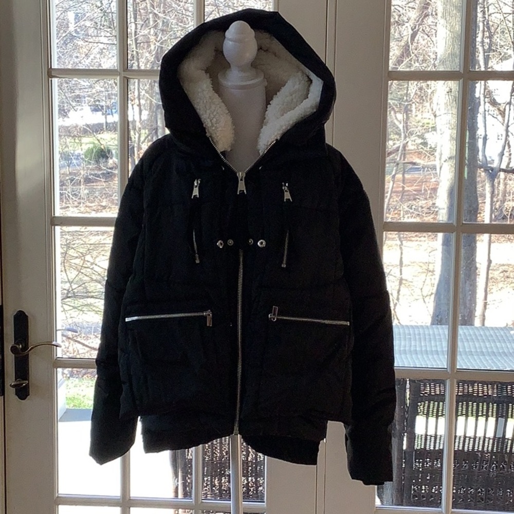 7 For All Mankind black Jacket with Sherpa lined hood. Size small Never wore